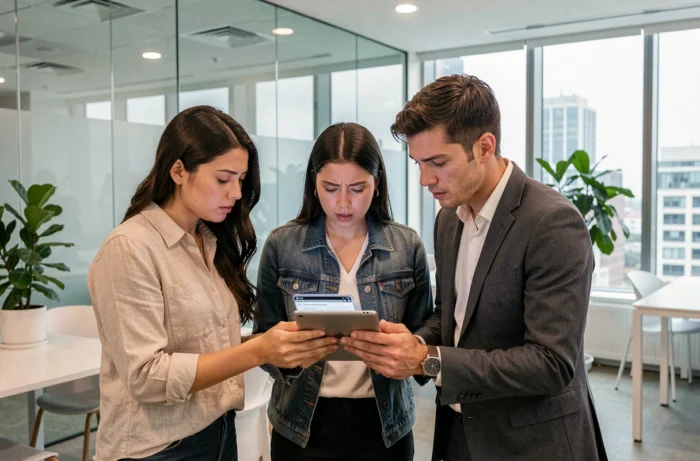 Groupe de jeunes professionnels analysant les actualités sur une tablette dans un espace de coworking moderne