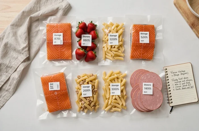 Vue aérienne d'aliments variés sous vide étiquetés avec durées de conservation sur plan de travail blanc