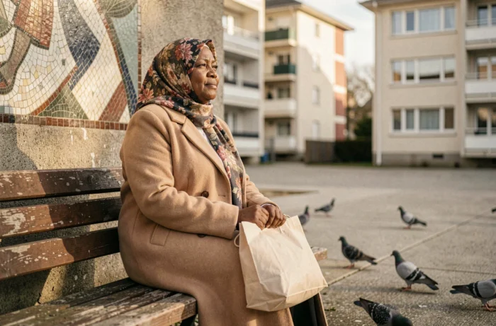 Portrait d'une habitante du quartier de la Paillade à Montpellier assise dans une place publique