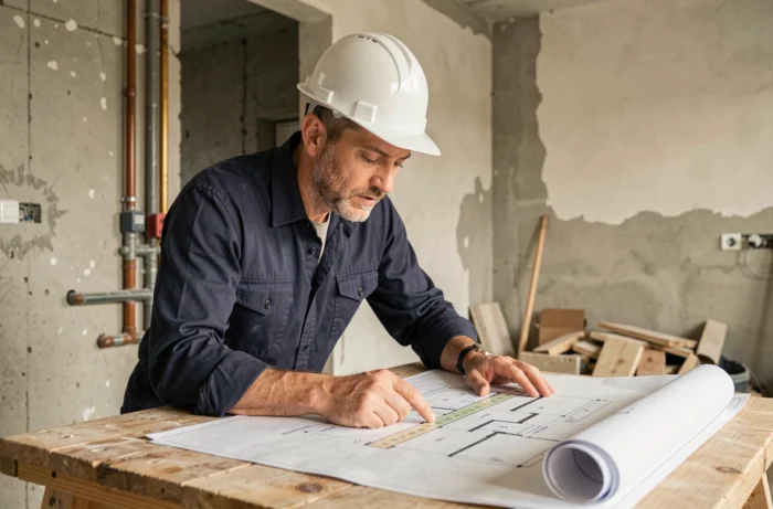 Homme portant un casque de chantier blanc examinant des plans de rénovation sur un établi dans un appartement en travaux
