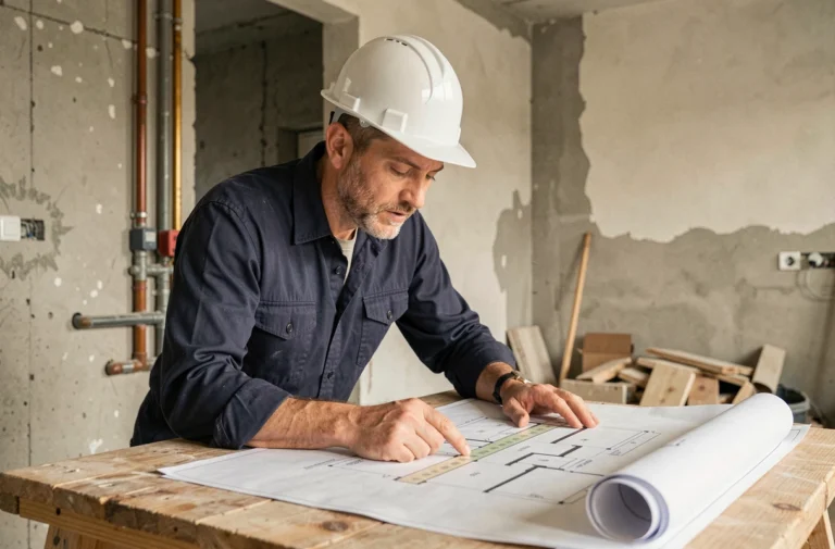 Homme portant un casque de chantier blanc examinant des plans de rénovation sur un établi dans un appartement en travaux