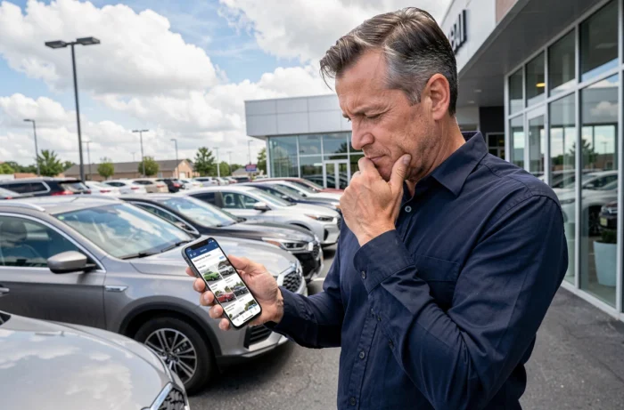 Homme comparant des voitures sur son smartphone dans un parking de concession automobile