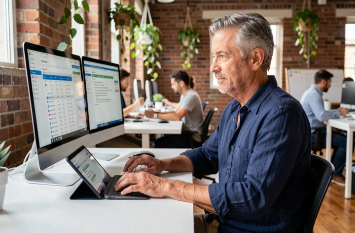 Homme travaillant simultanément sur ordinateur et tablette dans un espace de coworking pour gérer des données collaboratives en ligne