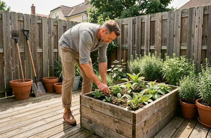 Homme qui jardine sur une terrasse urbaine avec des bacs potagers, symbole d'un loisir ressourçant en plein air
