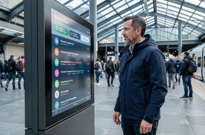 Homme devant un kiosque numérique interactif dans une gare moderne, symbolisant la transformation numérique des transports urbains
