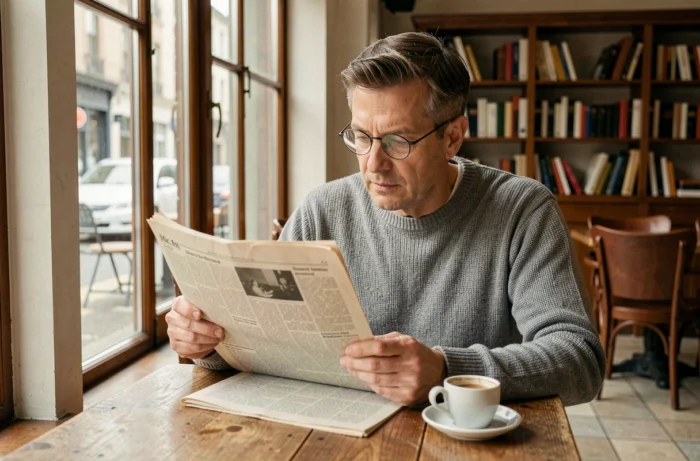 Homme lisant un journal dans un café urbain, analysant les actualités et les enjeux contemporains du monde