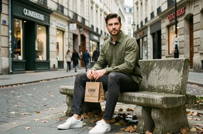 Homme élégamment habillé dans une rue piétonne européenne avec des vêtements de marques alternatives à Zara