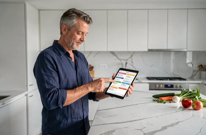 Homme utilisant une tablette pour naviguer dans un plan de site de recettes structuré dans une cuisine moderne