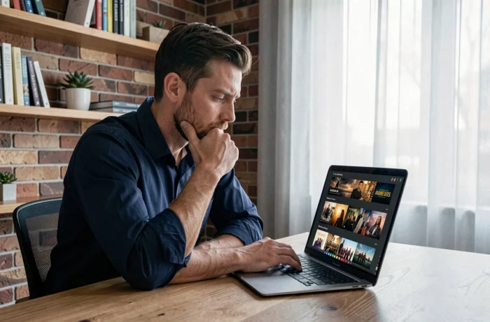 Homme consultant un site de streaming gratuit sur son ordinateur portable dans un bureau à domicile