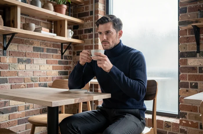 Homme stylé en col roulé marine dans un café minimaliste, actualités mode masculine et tendances urbaines