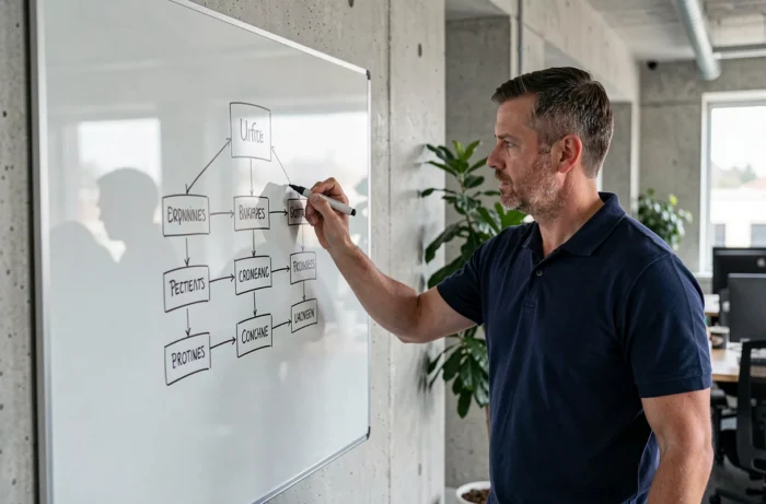 Homme dessinant une arborescence de plan du site sur un tableau en verre dans un bureau en open space