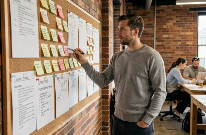 Homme en pull gris devant un tableau de planification de carrière dans un espace de coworking pour organiser son projet de formation professionnelle