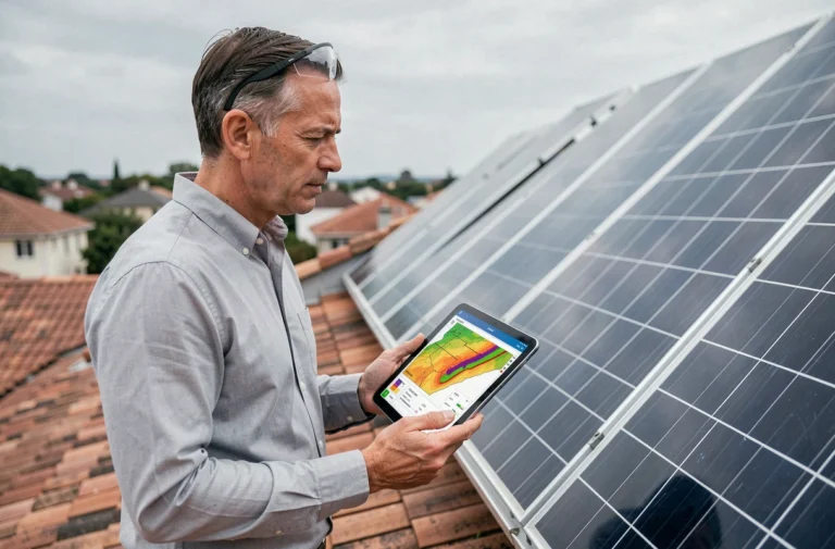Ingénieur sur un toit résidentiel tenant une tablette avec une carte d'estimation du potentiel solaire PVGIS, panneaux photovoltaïques orientés en arrière-plan