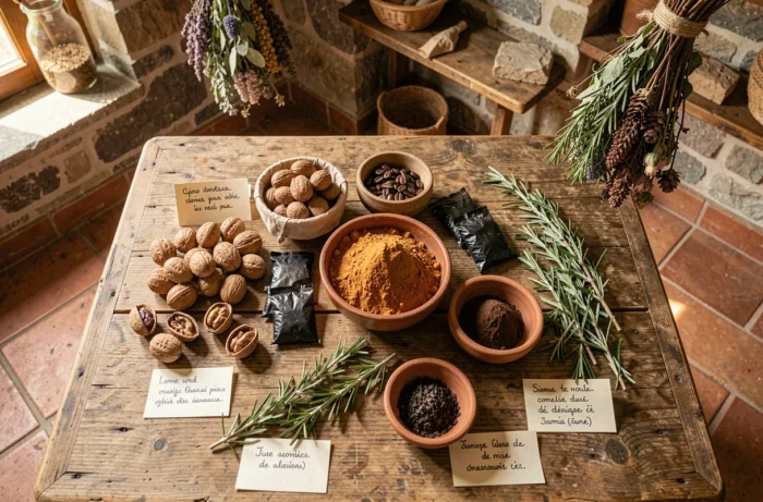 Ingrédients naturels pour teinture végétale marron disposés sur une table en chêne rustique