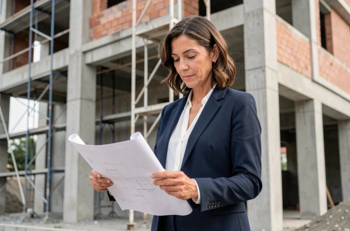 Femme investisseuse immobilière devant un immeuble en construction tenant des plans architecturaux