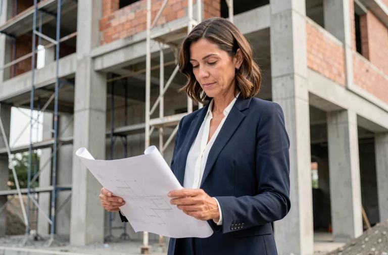 Femme investisseuse immobilière devant un immeuble en construction tenant des plans architecturaux
