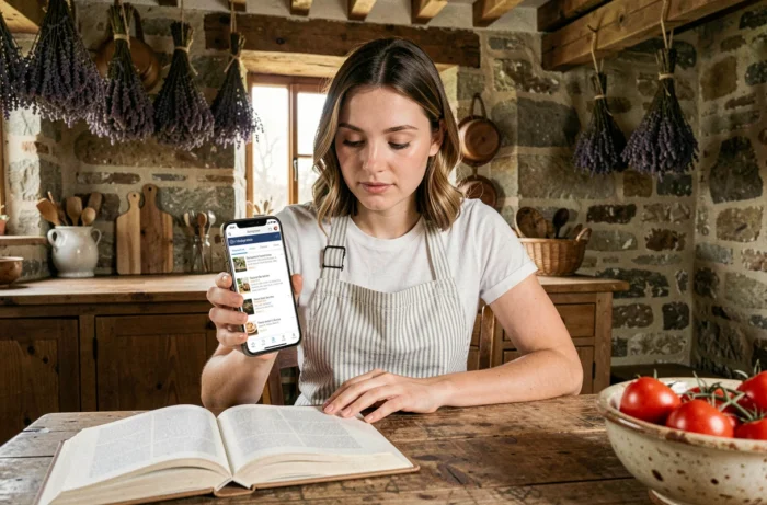 Jeune femme comparant un plan de site de recettes sur smartphone avec un livre de cuisine dans une cuisine rustique