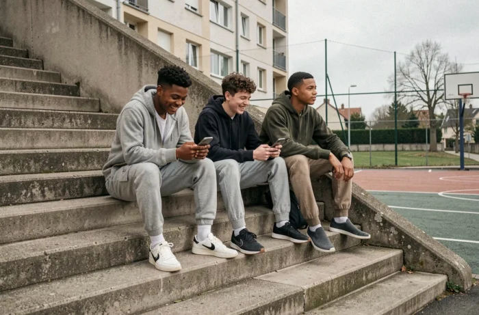 Jeunes habitants du quartier de la Paillade à Montpellier devant une cité HLM