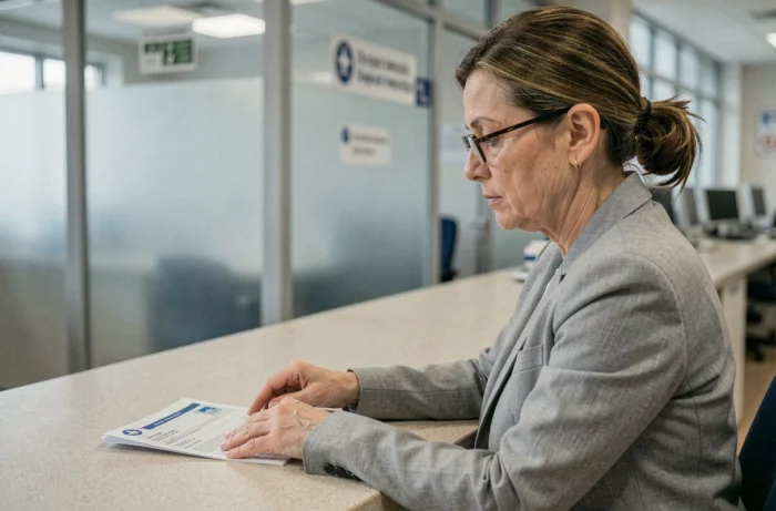 Femme lisant son permis de conduire à la préfecture, analysant les informations de la case 11