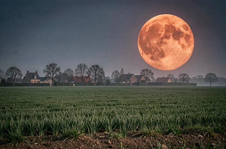 Lune rousse se levant sur un paysage rural français au printemps avec des champs de blé vert et des arbres fruitiers silhouettés