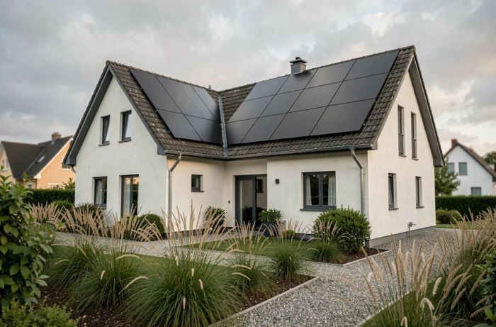 Maison individuelle moderne avec panneaux photovoltaïques orientés plein sud sur toit incliné, illustration de l'optimisation de l'orientation solaire avec PVGIS