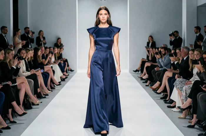 Jeune mannequin marchant sur un podium épuré en robe architecturale bleu nuit lors d'un grand défilé de mode parisien