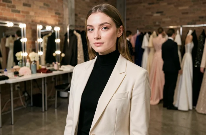 Mannequin prodige Jenna Peij en coulisses d'un défilé haute couture, portant un blazer ivoire ajusté, regard intense et professionnel