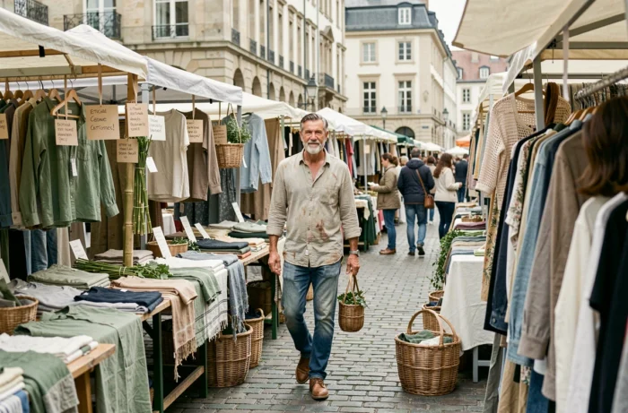 Homme faisant ses achats dans un marché de mode durable et éthique en plein air