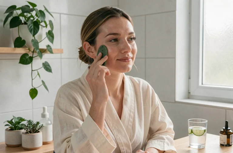 Femme pratiquant un massage facial au gua sha dans une salle de bain minimaliste avec des soins botaniques, tendance bien-être beauté saison