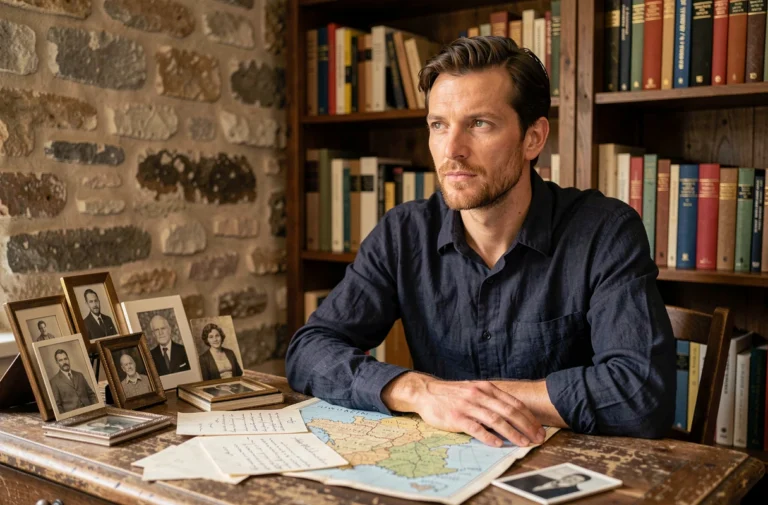 Homme français contemplatif entouré de photographies de famille et de documents historiques évoquant ses origines et son identité
