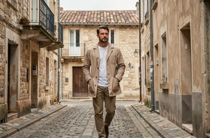 Homme se promenant dans une ville provinciale française, illustrant l'ancrage territorial et le parcours identitaire façonné par ses origines