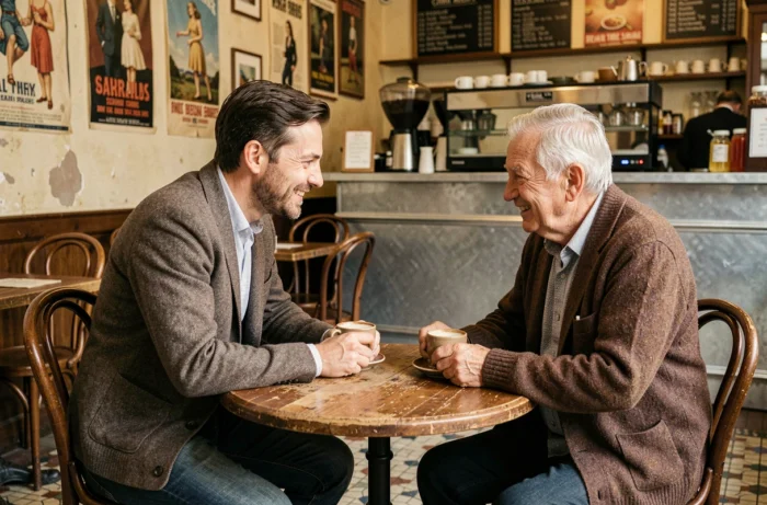 Deux hommes de générations différentes en conversation dans un café français traditionnel, symbolisant la transmission des origines et la construction de l'identité
