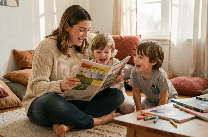 Mère lisant un journal illustré à ses deux enfants assis sur un tapis de salon chaleureux, scène de complicité familiale quotidienne