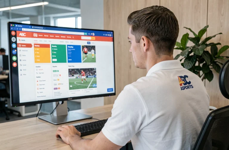 Homme consultant les rubriques du site ABC Sports sur un ordinateur de bureau en environnement professionnel
