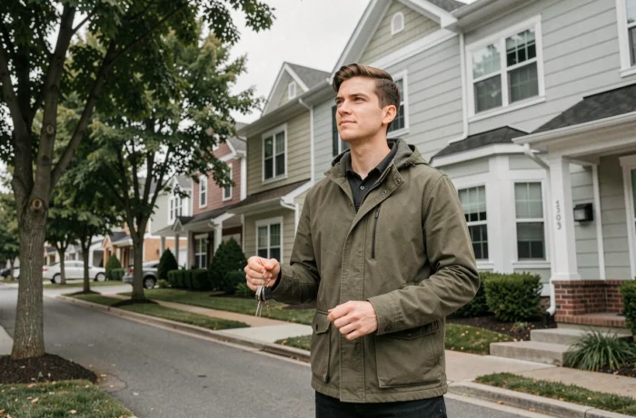 Jeune propriétaire tenant ses clés devant sa nouvelle maison après un projet immobilier réussi