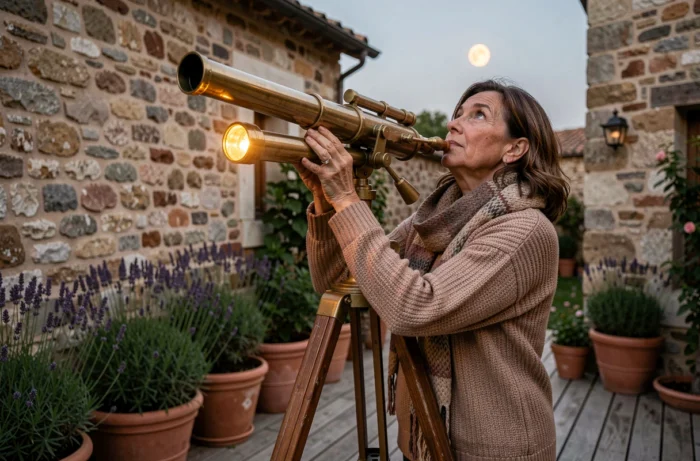 Femme d'une cinquantaine d'années observant la Lune rousse avec un télescope depuis une terrasse provençale au crépuscule