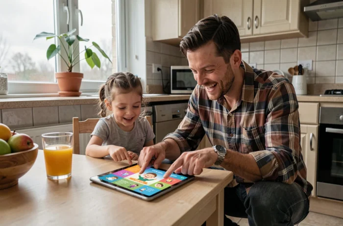 Père et fille parcourant ensemble des actualités jeunesse sur une tablette dans une cuisine familiale réaliste