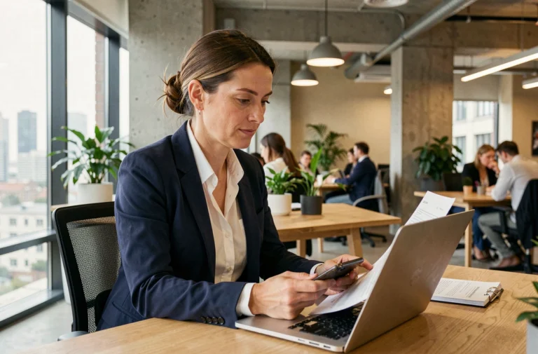 Professionnelle française expatriée consultant sa couverture santé internationale sur un ordinateur portable dans un espace de coworking moderne à l'étranger