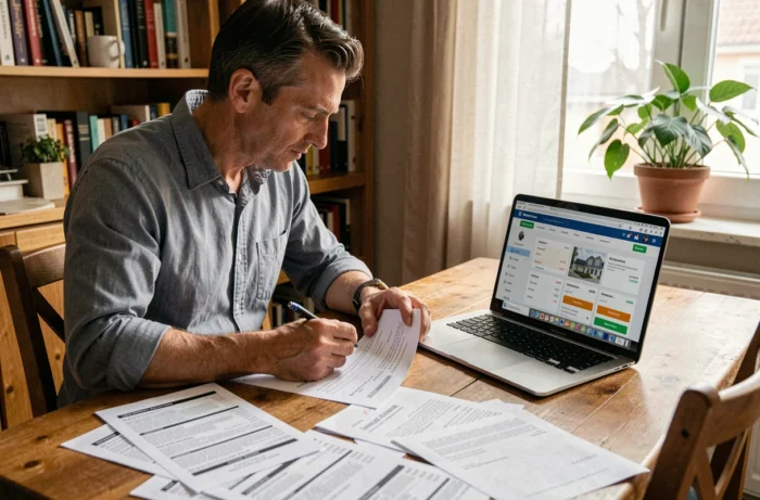 Propriétaire particulier comparant des offres de location entre particuliers et une agence immobilière sur son ordinateur portable
