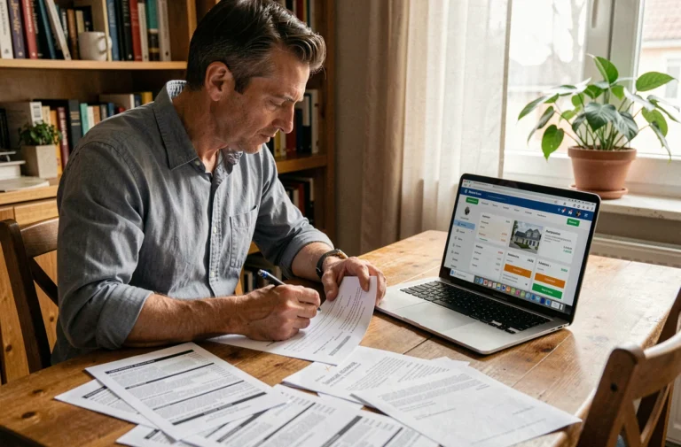 Propriétaire particulier comparant des offres de location entre particuliers et une agence immobilière sur son ordinateur portable