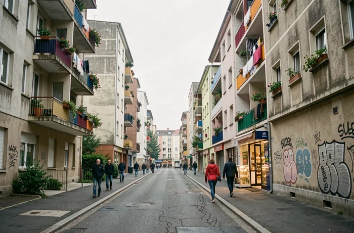 Vue de rue du quartier de la Paillade à Montpellier avec immeubles HLM et commerces de proximité
