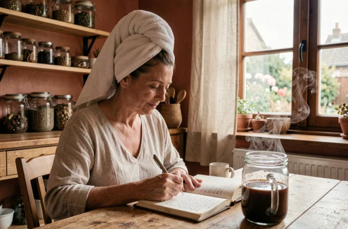 Femme consultant ses notes sur des recettes de teintures végétales marron dans une cuisine chaleureuse