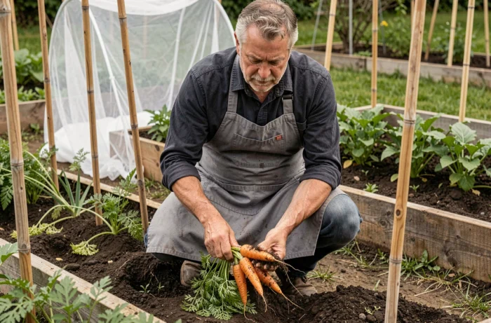 Jardinier récoltant des carottes après retrait du filet de protection contre la mouche