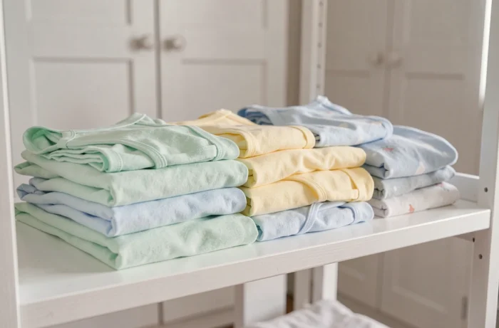 Pile de sous-vêtements en coton colorés et confortables pour enfants rangés sur une étagère en bois blanc, idéal pour illustrer le choix de sous-vêtements quotidiens pour enfants