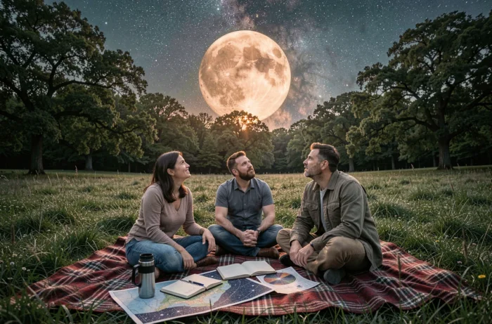 Groupe d'adultes réunis dans une prairie pour observer la Lune rousse avec des cartes stellaires et un ciel étoilé printanier