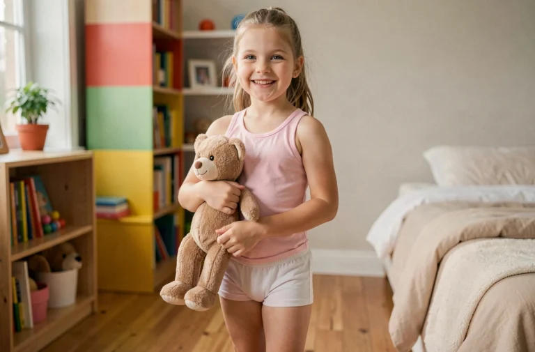 Jeune fille en sous-vêtements en coton doux pastel dans une chambre confortable, illustrant le confort des sous-vêtements pour enfants au quotidien