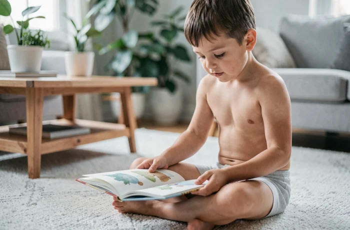 Jeune garçon en sous-vêtements en coton blanc et gris assis sur un tapis dans un salon, représentant le confort et la liberté de mouvement des sous-vêtements enfants