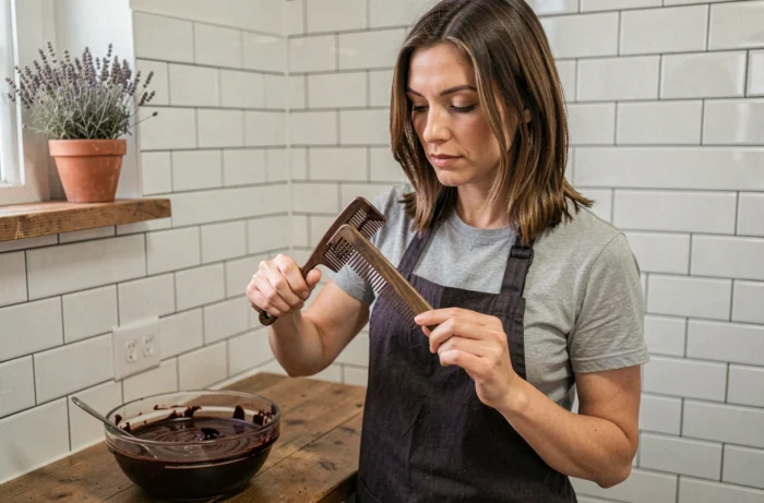 Femme appliquant une teinture végétale marron naturelle sur ses cheveux dans une salle de bain rustique