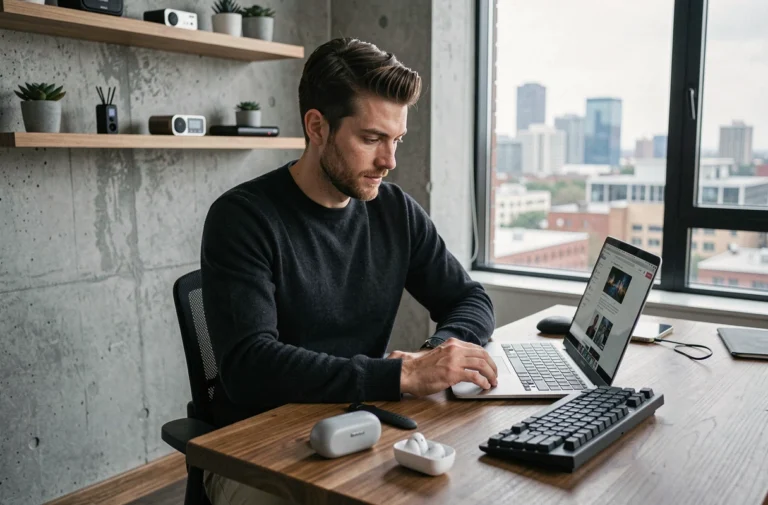 Homme geek dans un bureau moderne entouré de gadgets high-tech en 2024