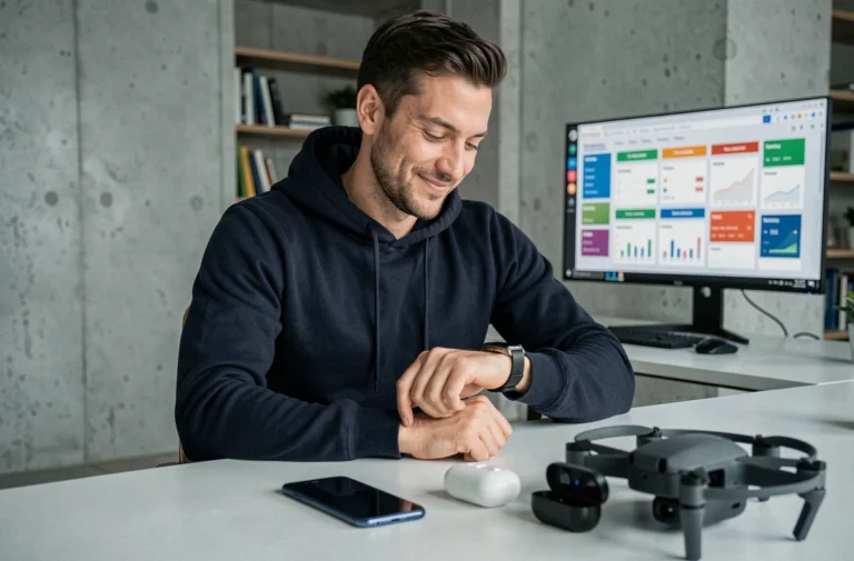 Homme technophile explorant les dernières tendances high-tech et gadgets geek sur un bureau minimaliste moderne